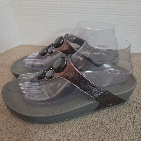 FitFlop Lunetta Style 181-054 Grey Leather Jeweled Sandals Size 8 - Picture 10 of 12